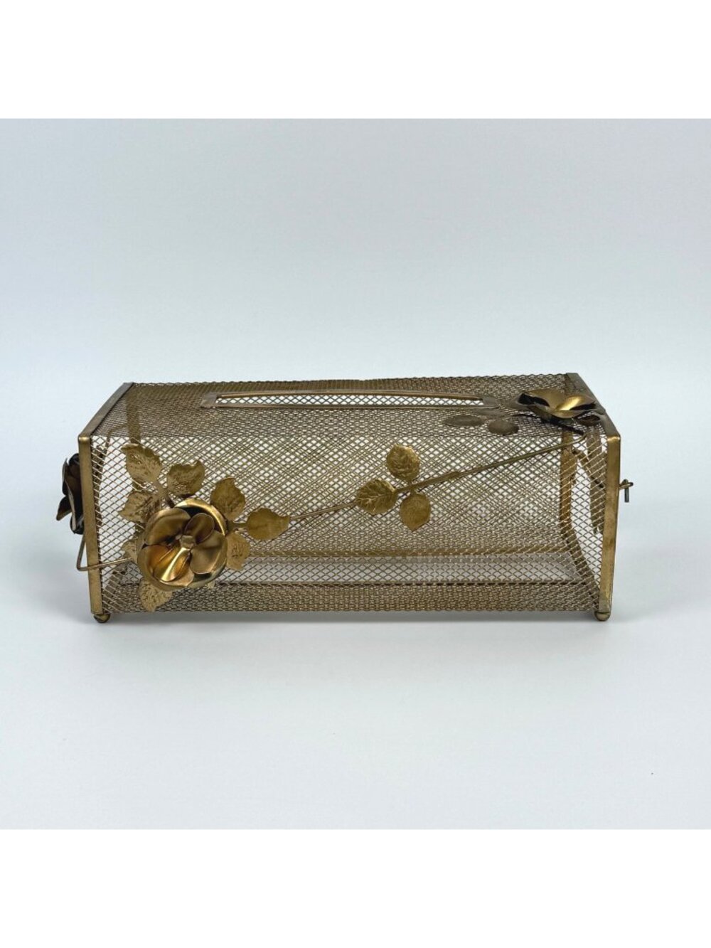 Vintage Hollywood Regency-Style Tissue Box Cover Brass Metal Mesh Floral & Leaf